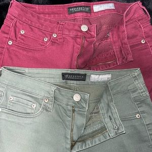 Army green and maroon jeans